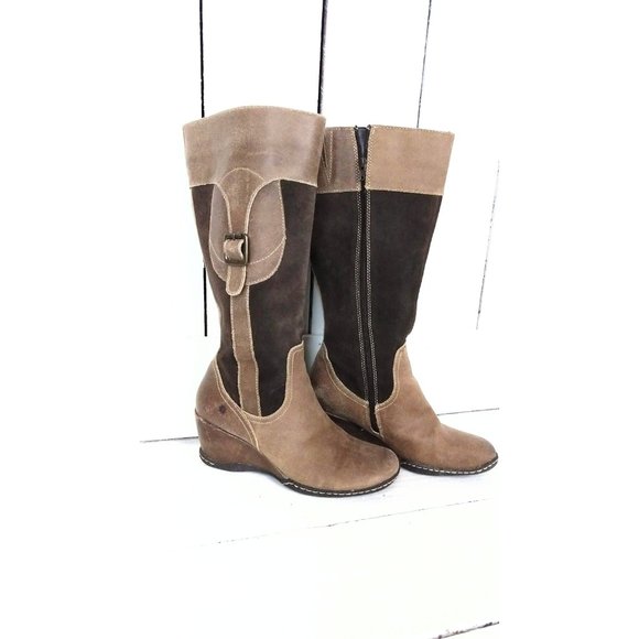 Brown tall suede leather wedge boots - Picture 2 of 9